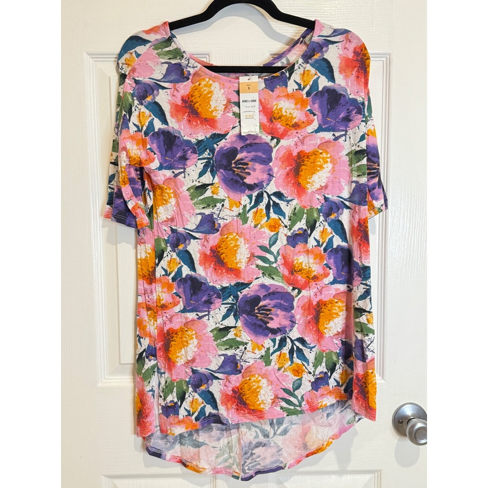 Agnes & Dora Floral Hi-Lo Tunic Top Colorful Flowers Casual Tee Shirt S